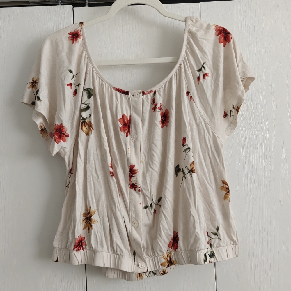 Reitmans Floral Button-Up Blouse - Red and Orange Accents